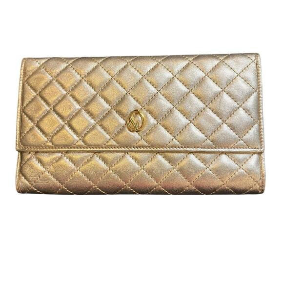 St. John Vintage Gold Quilted Leather Clutch Purse
